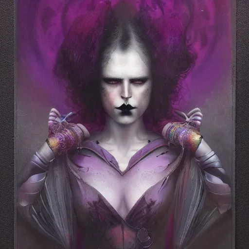 Image similar to by tom bagshaw, photorealistic portrait of a curiosities carnival, single beautiful in a full gothic armor, multiple dyed colors purple black lustrous thin haircut, marvel, symmetry accurate features, focus, rainbow lighting, very intricate details, award winning masterpiece, ultra deep fog background