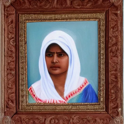 Image similar to a nepali woman wearing a white shawl, oil painting