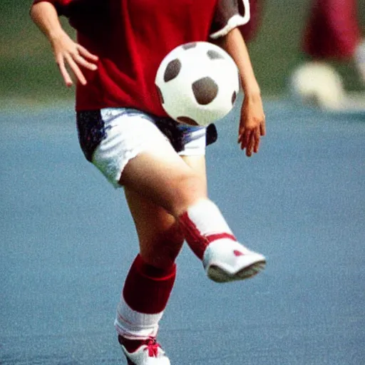 Prompt: Shakira playing football, in Barcelona, 1990 photograph