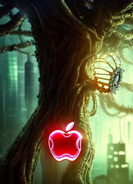 Image similar to intricate mechanical translucent apple with visible gears inside, growing off a tree, on the background of a weird magical mechanical forest. Very detailed 8k. Fantasy cyberpunk horror. Sharp. Cinematic post-processing