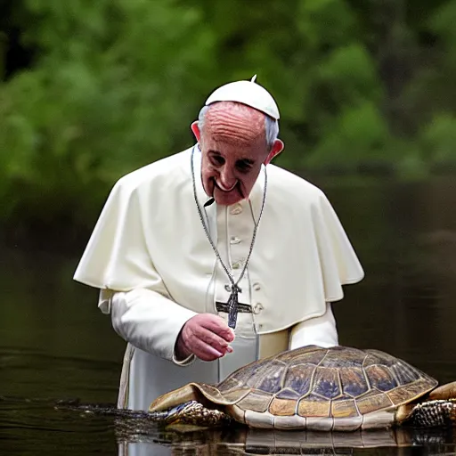 Prompt: cute photo of Pope Francis blessing pond turtle, HD photography, Canon eos r3, 8k resolution