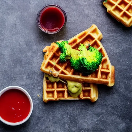 Image similar to promotional shot of a waffle with broccoli, blood cream and oysters,