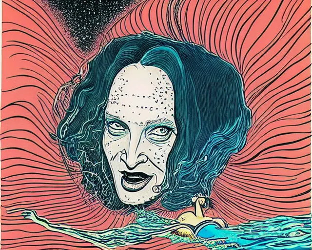 Image similar to uma thurman swimming in the ocean depths, cosmic horror painting, elegant intricate digital painting artstation concept art by basil wolverton by robert crumb by william eggleston detailed
