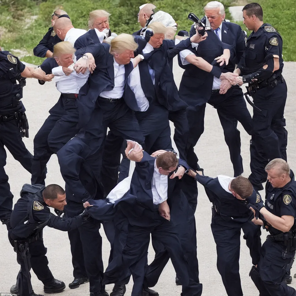 Prompt: Donald Trump being arrest at Mara Lago by the FBI, award winning photograph, journalist, zoom lens