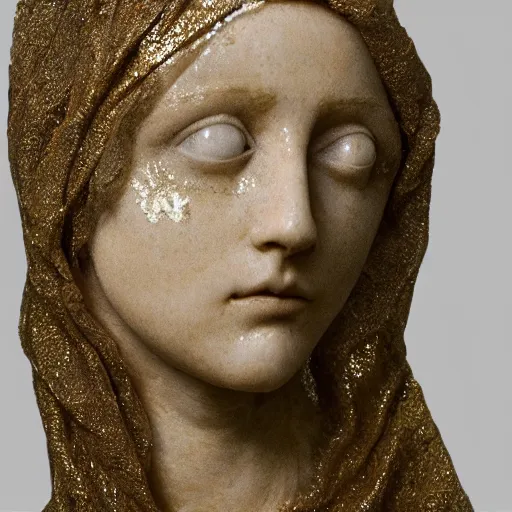 Prompt: a masterpiece marble sculpture of the veiled virgin, subsurface cracks, !dramatic !face, !female, covered in intricate !detailed golden !!streaked veil , physically based rendering, ultra photo realistic , dark background by Dan Hillier