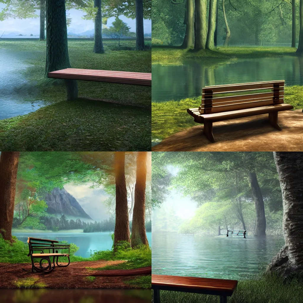 Prompt: a bench sitting in the middle of a forest next to a body of water, a detailed matte painting by jack m. ducker, unsplash contest winner, magic realism, unreal engine, unreal engine 5, cryengine