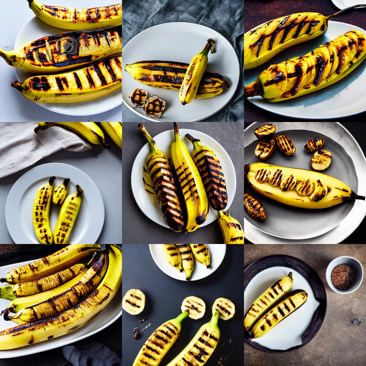 Prompt: grilled bananas on a white plate, food photography, fantasy