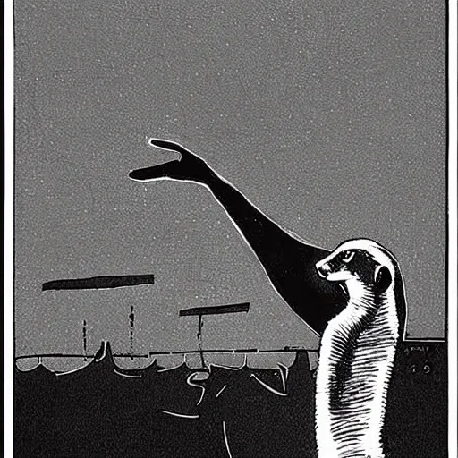 Prompt: black and white illustration of a meerkat giving thumbs up by Jack Gaughan