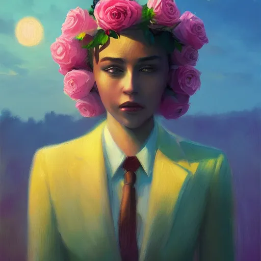 Prompt: closeup, large rose flower under head, frontal, girl in a suit, surreal photography, sunrise, dramatic light, impressionist painting, digital painting, artstation, simon stalenhag