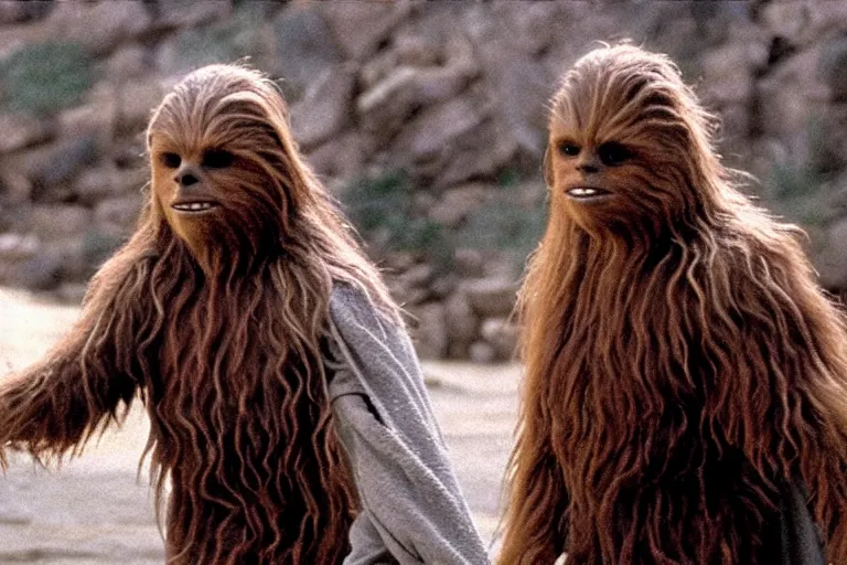 Prompt: A high quality movie still from the film The Passion of Christ, starring Chewbacca