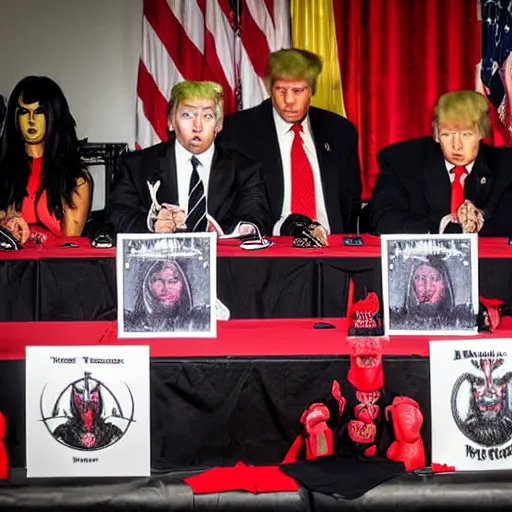 Image similar to Satanic States of America, goth Donald Trump, Donald Trump as an occultist, 2017 photograph, news conference, blood ceremony