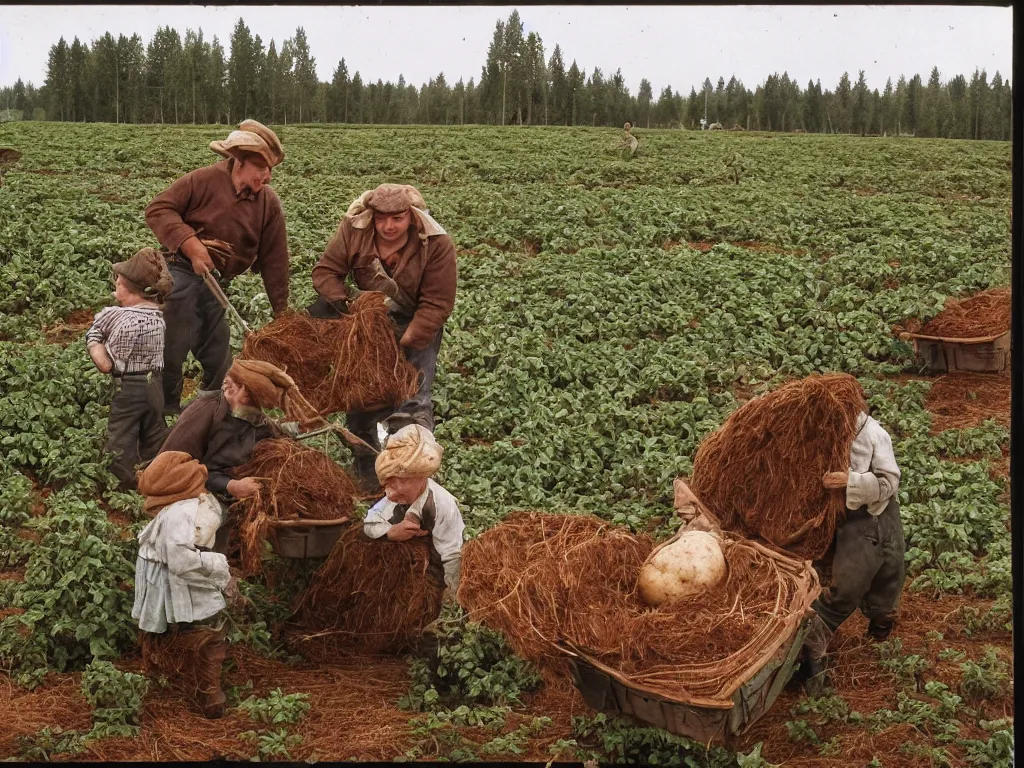 Image similar to potato harvesting in finnish farm, 1 9 6 6, home album pocket camera photo, detailed facial features, hyper realistic