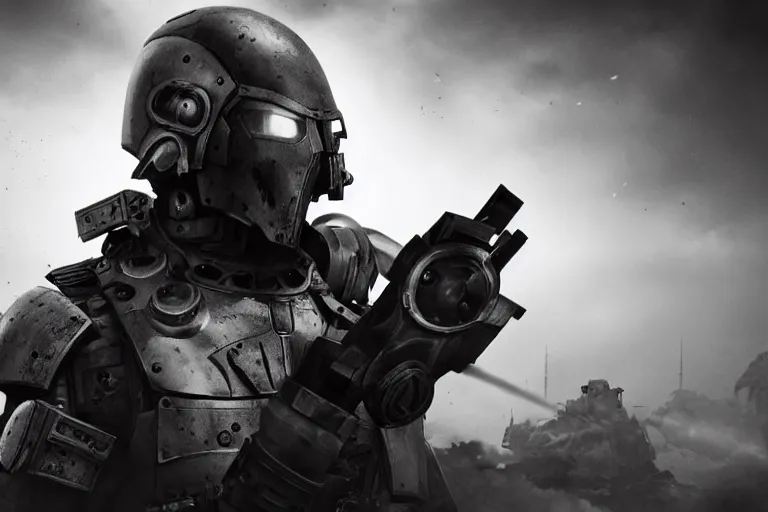 Image similar to still photo of a iron tech age war man looking at the camera in a battlefield, black and white color aesthetic, highly detailed, photorealistic portrait, bright studio setting, studio lighting, crisp quality and light reflections, unreal engine 5 quality render