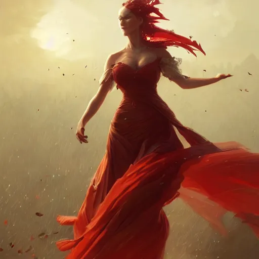 Image similar to a woman with red long dress balancing with wind in a glamor scene, highly detailed, illustration, fantasy art, in the style of greg rutkowski, epic, fantasy, intricate, hyper detailed, artstation, concept art, smooth, sharp focus, ray tracing