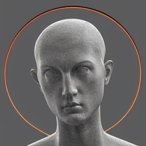 Image similar to a renaissance statue head surrounded by a 3 d rendered neon circle, black background, ray tracing, 8 k resolution, sharp focus, hyper detailed, hyper realistic