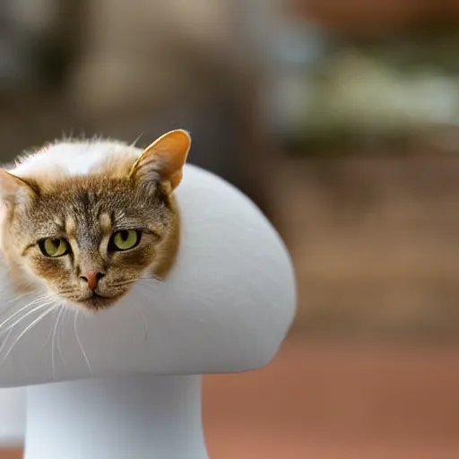 Prompt: a small domestic housecat with a white mushroom growing atop its head