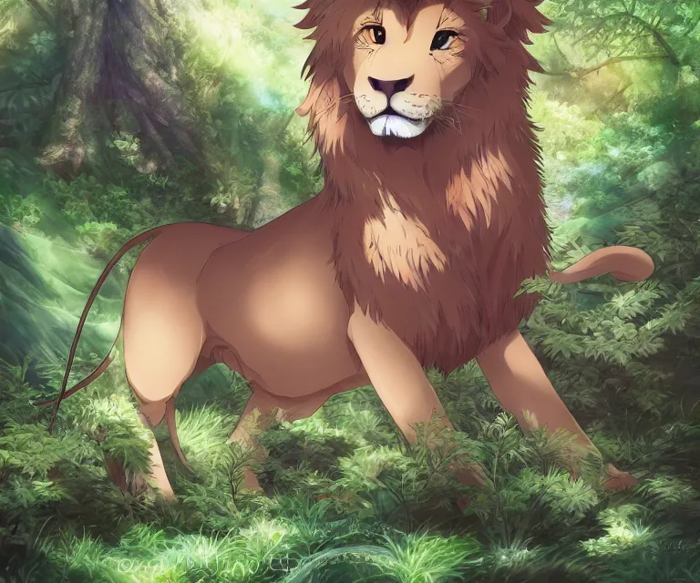 Image similar to kawaii lion in a forest, anime fantasy illustration by tomoyuki yamasaki, kyoto studio, madhouse, ufotable, comixwave films, trending on artstation