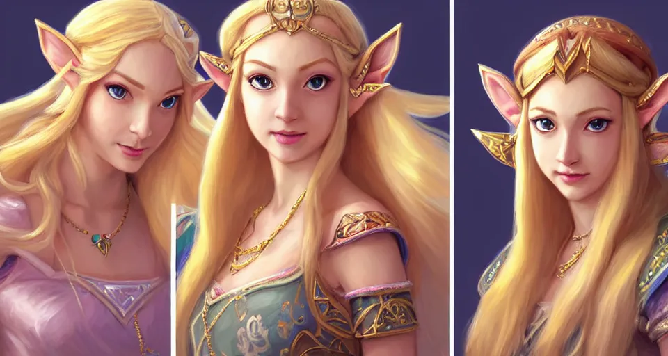 Prompt: portrait of princess zelda from hyrule and princess peach from the mushroom kingdom, nose ring, upper body, blonde hair, long hair, joyful smirk, intricate, elegant, highly detailed, digital painting, artstation, concept art, matte, sharp focus, illustration, art by artgerm and greg rutkowski and alphonse mucha