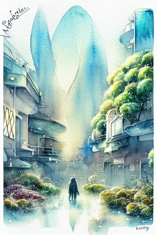 Image similar to beautiful happy picturesque charming sci - fi city in harmony with nature. beautiful light. nice colour scheme, soft warm colour. beautiful detailed watercolor by lurid