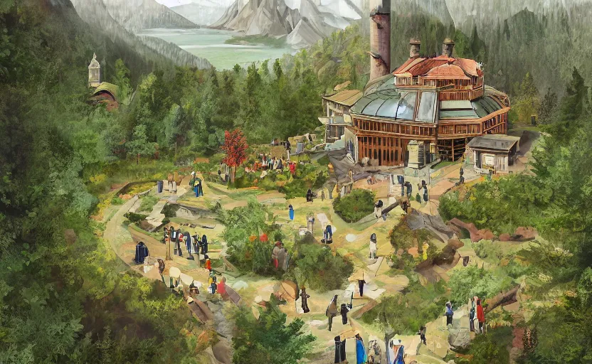 Prompt: a magic school hidden in the mountains surrounded by forests and a lake to it's back, an observatory with a huge telescope, a greenhouse with lush flora, students walking and flying on brooms, artstation, gouache, high detail, stylized