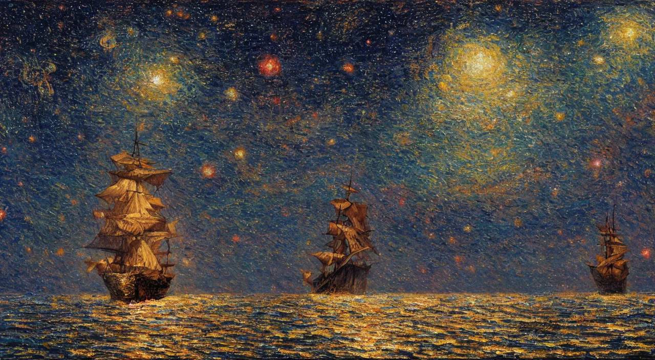 Image similar to an ironclad warship sailing through a sea of stars, oil on canvas, impressionism, intricate