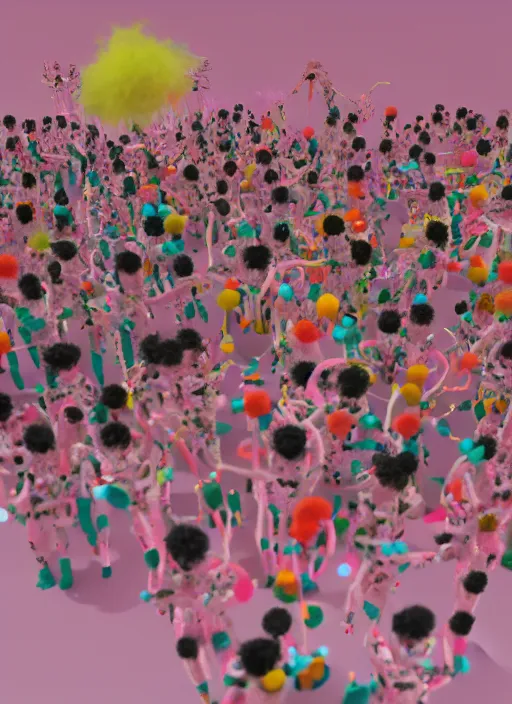 Image similar to group of giant sakura-colored people dancing made out of fluffy pipecleaners in the style of Jean-Michel Basquiat, 3D cinematic lighting, spotlight at a 90 DEGREE ANGLE, photorealism, octane render, depth of field, 8k, 35mm, artgem, Trending on artstation