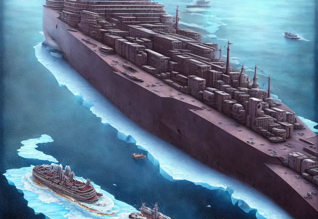 Prompt: one enormous gigantic steel ship - shaped fortress - city sailing across an icy cold ocean. masterpiece, cinematic, hyperdetailed, photorealistic, hyperrealism, octane rendering, depth of field, bokeh, architecture, shadows, aerial view, art by tom bagshaw, geof darrow