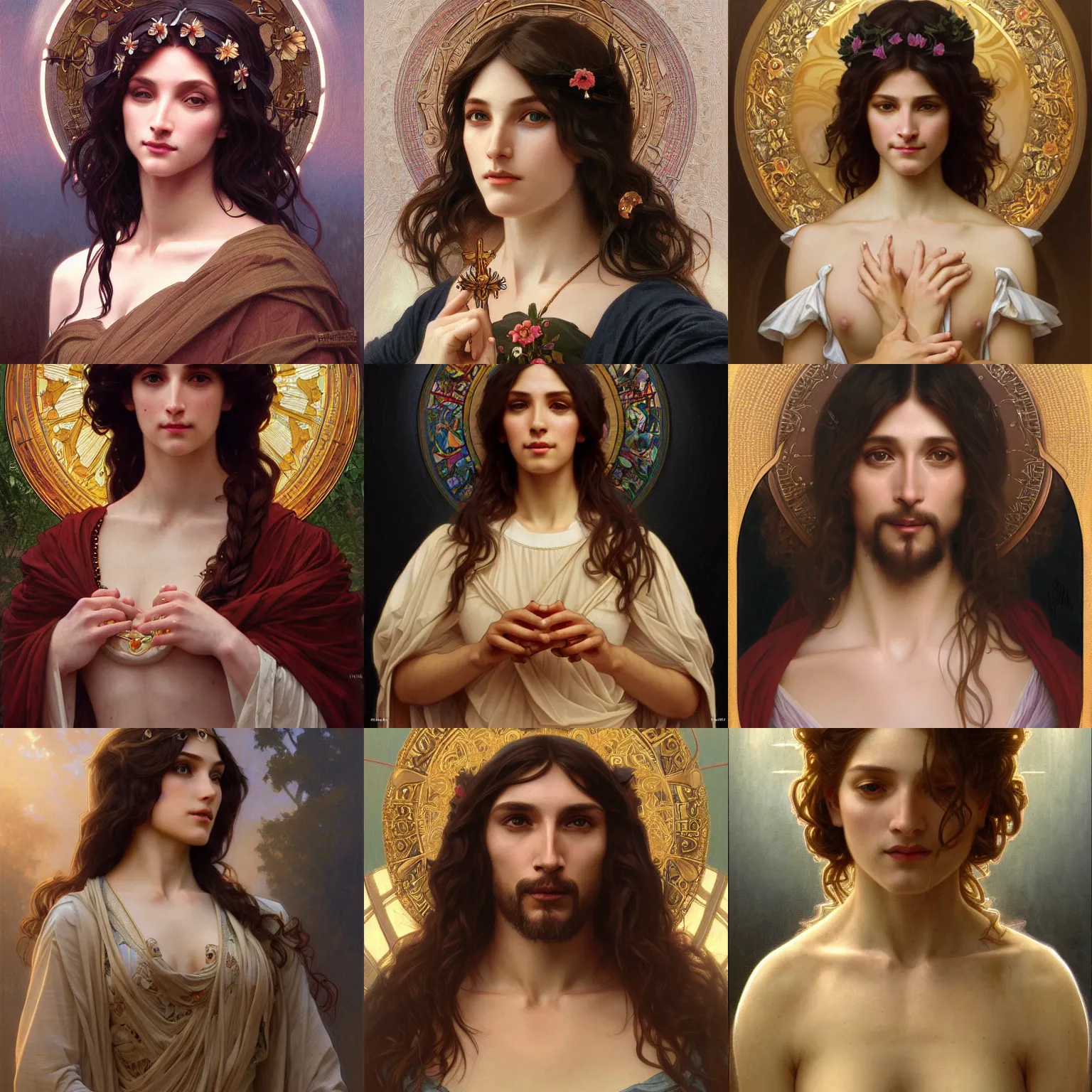Prompt: a portrait of transsexual jesus, intricate, elegant, highly detailed, digital painting, grin, artstation, concept art, smooth, sharp focus, illustration, art by artgerm and greg rutkowski and alphonse mucha and william - adolphe bouguereau