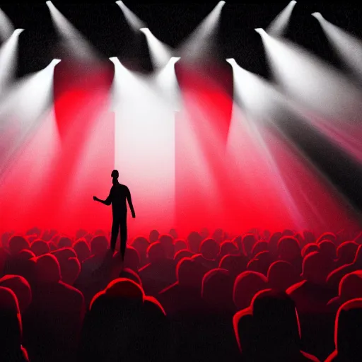 Image similar to a lone singer on stage, with spotlight beam, huge crowd in audience, facing stage, zoom lens, ultra realistic, artstation, red curtains, dramatic lighting, album