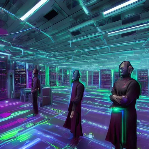 Image similar to you see a technomagical laboratory cluttered with computers and arcane components. in the middle of the room a technomancer wizard in robes whispers to his synthesized ai djinn. behind them is a large supercomputer. the room is lit with dayglow pink and blue dazzle camouflage patterns.