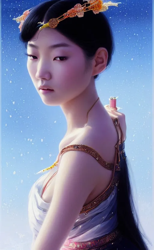 Image similar to a beautiful young charming asian goddess with sundress + jewelry + shinny eyes | | winter, symmetric, realistic shaded, unpleasant face, good looking, fine details, dior, lv, realistic shaded lighting poster by greg rutkowski, macoto takahashi, magali villeneuve, artgerm, jeremy lipkin and michael garmash