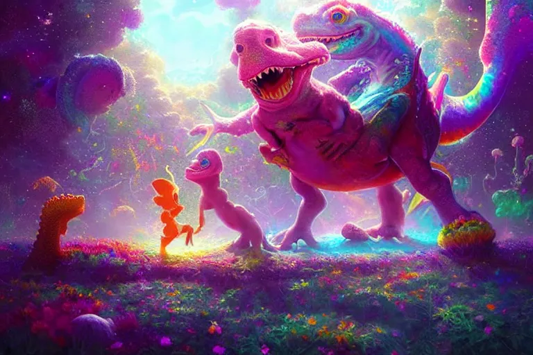 Image similar to a psychedelic realm made entirely out of love and acceptance, astral beings sharing love. filled with cute smiling glowing chibi style pixar baby dinosaurs in the style of greg rutkowski! and wlop and lisa frank! and bob ross!!! and ruan jia, illustration, epic, fantasy, hyper detailed, smooth, unreal engine, sharp focus, ray tracing