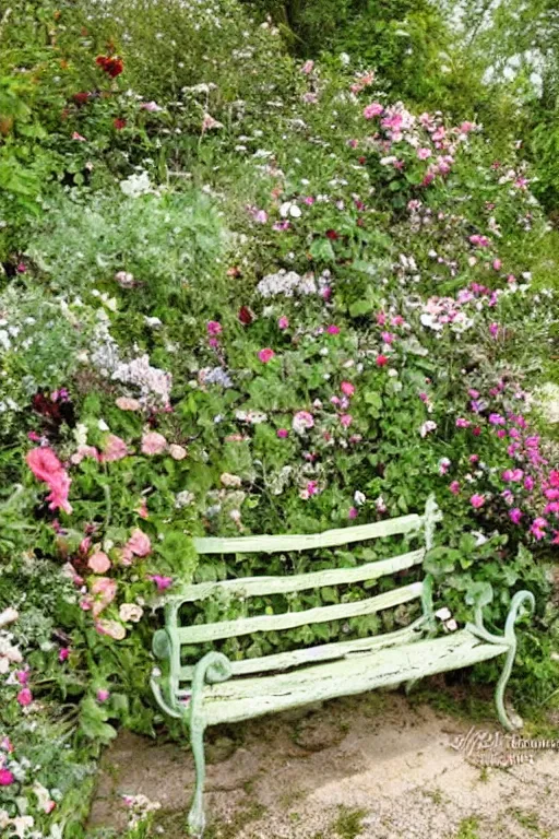 Prompt: whimsical bench in the garden of love flowers by jean - baptiste monge