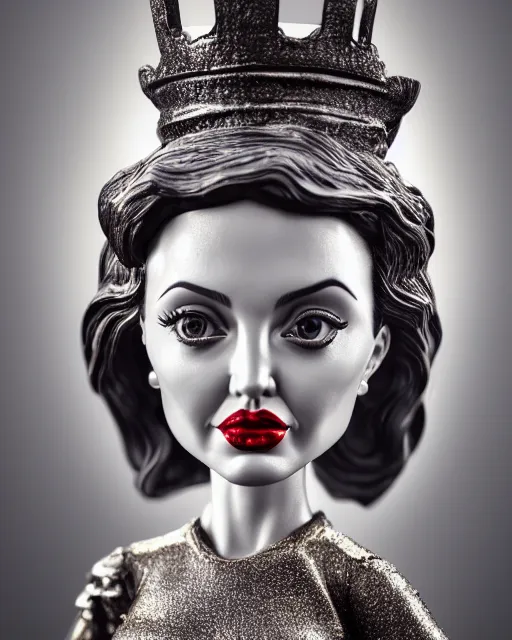 Image similar to highly detailed closeup, face profile portrait of a tin toy angelina jolie as the staue of liberty, bikini, depth of field, nicoletta ceccoli, mark ryden, lostfish, max fleischer, breathtaking, detailed and intricate environment, 8 k resolution, hyperrealistic, octane render