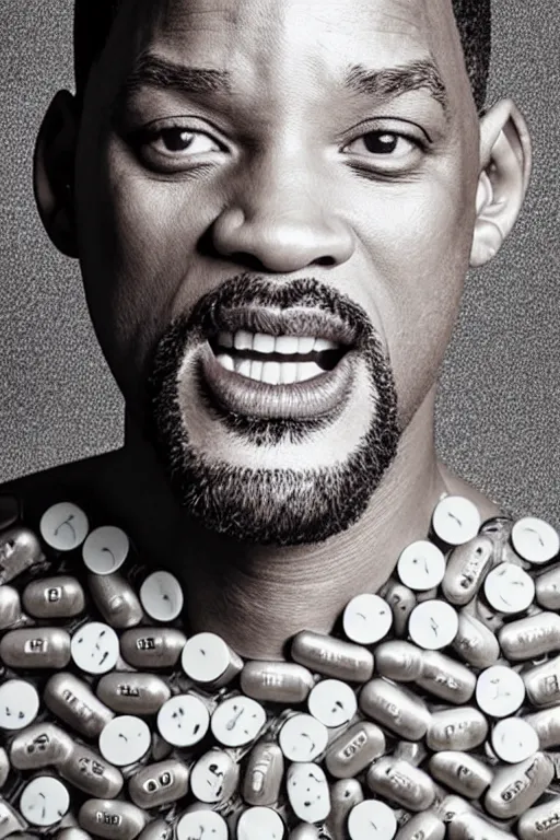 Image similar to will smith made out of pills, human face made out of pills, professional food photography