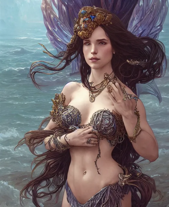 Prompt: portrait of a powerful mermaid sorceress, full body, d & d, fantasy, intricate, elegant, highly detailed, digital painting, artstation, concept art, art by artgerm and greg rutkowski and alphonse mucha