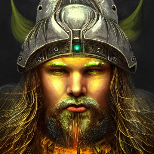 Image similar to mythological viking Shaman of artificial intelligence creating an artificial neural network with yellow synapses on an anvil, high resolution, award winning art, trending on art station, sharp image, incredibly detailed, detailed character realistic painting