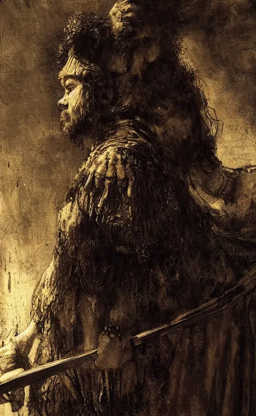 Prompt: a beautiful shot of the movie 3 0 0 by rembrandt, featured on artstation