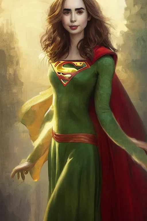 Prompt: Portrait of Lily Collins as Supergirl , ancient biblical, pale, slim, shapely, young queen jezebel, wearing gilded red robes, long black hair, green eyes, intricate, elegant, highly detailed, digital painting, artstation, concept art, smooth, sharp focus, illustration, art by artgerm and Ruan Jia and Rembrandt and greg rutkowski and alphonse mucha and andrei riabovitchev