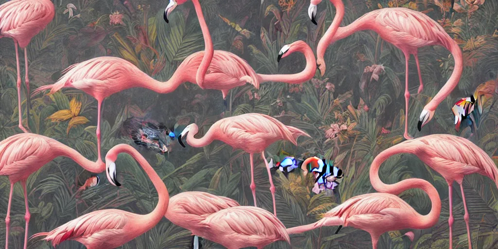 Image similar to breathtaking detailed concept art painting art deco pattern of birds, flamingos, amalmation blend of flowers and birds, by john james audubon, bizarre compositions, exquisite detail, extremely moody lighting, 8 k