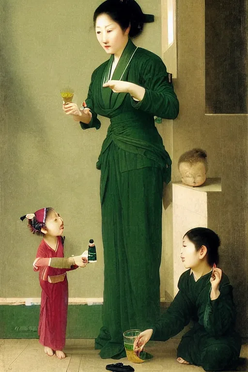 Image similar to a beautiful oriental woman, in a strict suit, distributes green lemonade with a painfully face at a children's party, highly detailed, artstation, illustration, jurgens, rutkowski, bouguereau, canon eos r 3