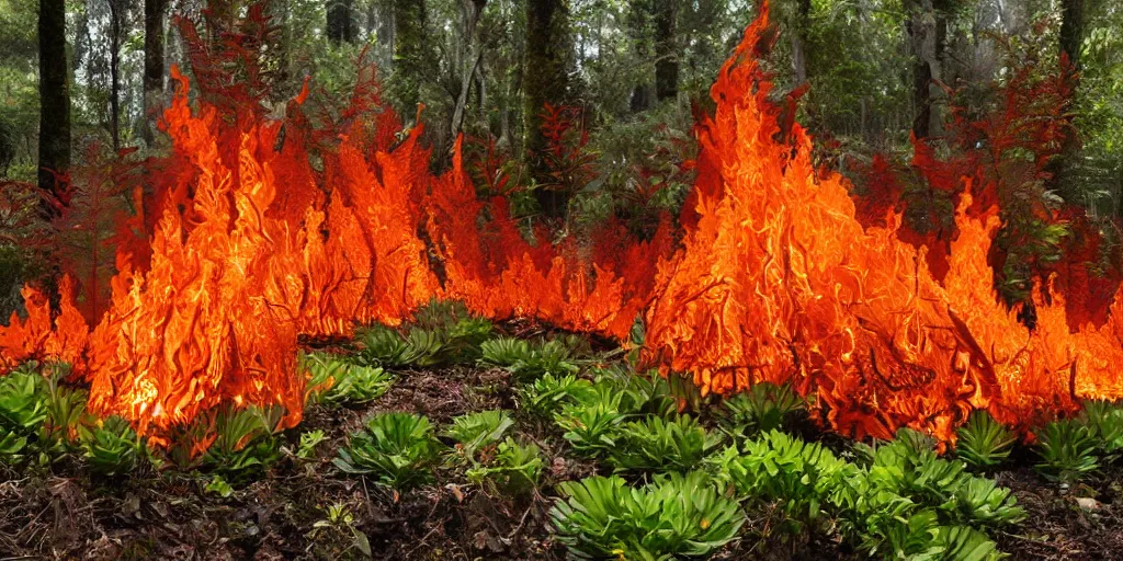 Image similar to A flaming forest , flaming leaves,Magma,flame stones are scattered, flame ferns, flame shrubs, huge flame Fantasy plant,covered in flame porcelain vine,by anthony avon