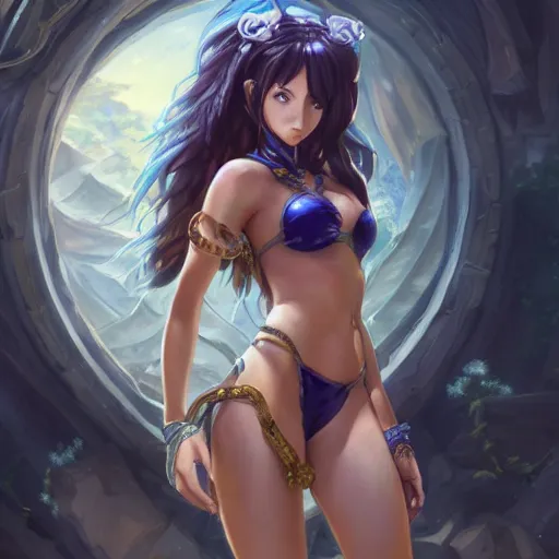 Image similar to photograph of pretty anime girl in bikini, jojo's bizarre adventure live action, fantasy, intricate, elegant, highly detailed, artstation, concept art, matte, sharp focus, illustration, hearthstone, art by artgerm and greg rutkowski