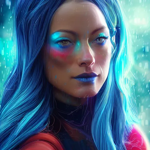 Image similar to a digital painting of olivia wilde in the rain with blue hair, cute - fine - face, pretty face, cyberpunk art by sim sa - jeong, cgsociety, synchromism, detailed painting, glowing neon, digital illustration, perfect face, extremely fine details, realistic shaded lighting, dynamic colorful background