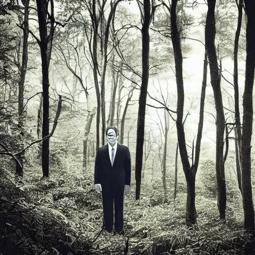 Prompt: ted cruz standing alone in the distance in a dense forest landscape over a twilight sky, creepy, lovecraftian