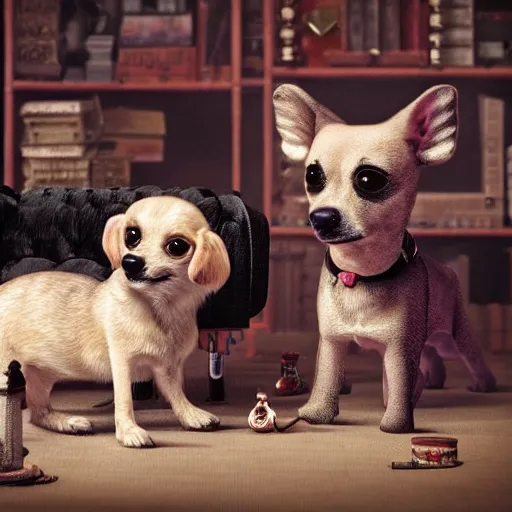 Prompt: closeup portrait of little dogs with rifles retro living room of dog family, depth of field, zeiss lens, detailed, centered, fashion photoshoot, by nicoletta ceccoli, mark ryden, lostfish, breathtaking, 8 k resolution, extremely detailed, beautiful, establishing shot, artistic, hyperrealistic, octane render,