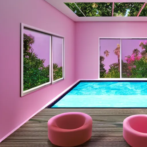 Image similar to A sunlit indoor lounge area with a pool with clear water and another pool with translucent pastel pink water, next to a big window, digital art, trending on Artstation