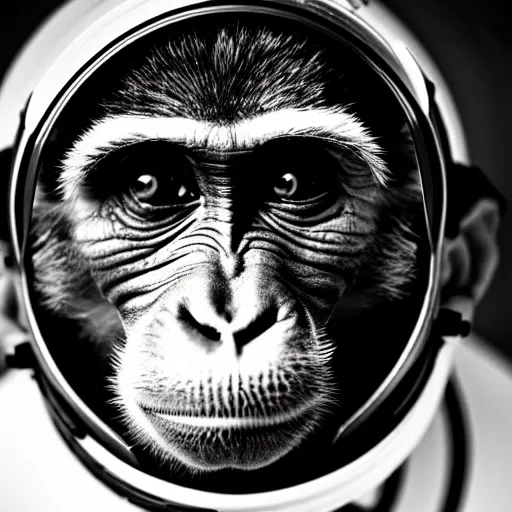 Prompt: Portrait of a monkey astronaut in the style of 1800s century photographs, 35mm film photography, Black and white