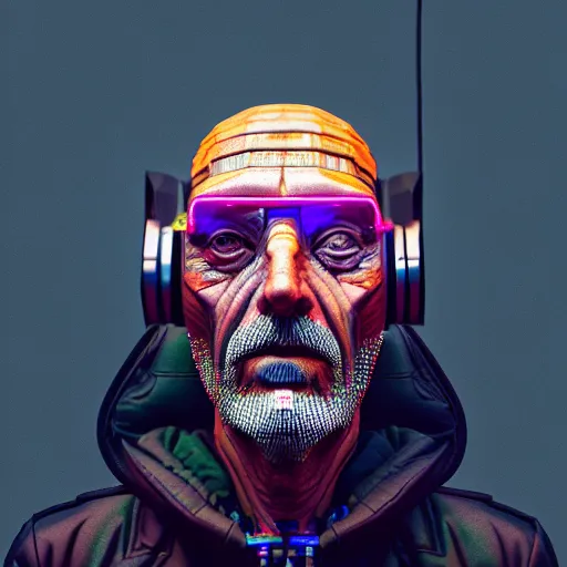 Image similar to Colour Photography of 1000 years old man with highly detailed 1000 years old face wearing higly detailed cyberpunk VR Headset designed by Josan Gonzalez . in style of Josan Gonzalez and Johannes Vermeer and Mike Winkelmann. Rendered in Blender