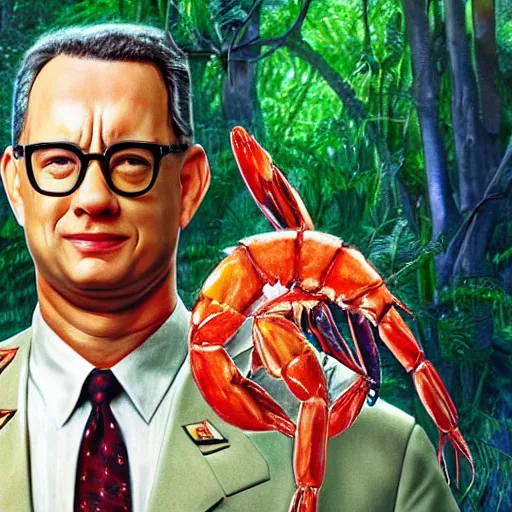 Prompt: Tom Hanks as forrest gump sitting on a giant shrimp in the jungle, realistic digital painting, in the style of Vitaly Samarin Alexiu, photoreailstic, realistic face, amazing detail, sharp